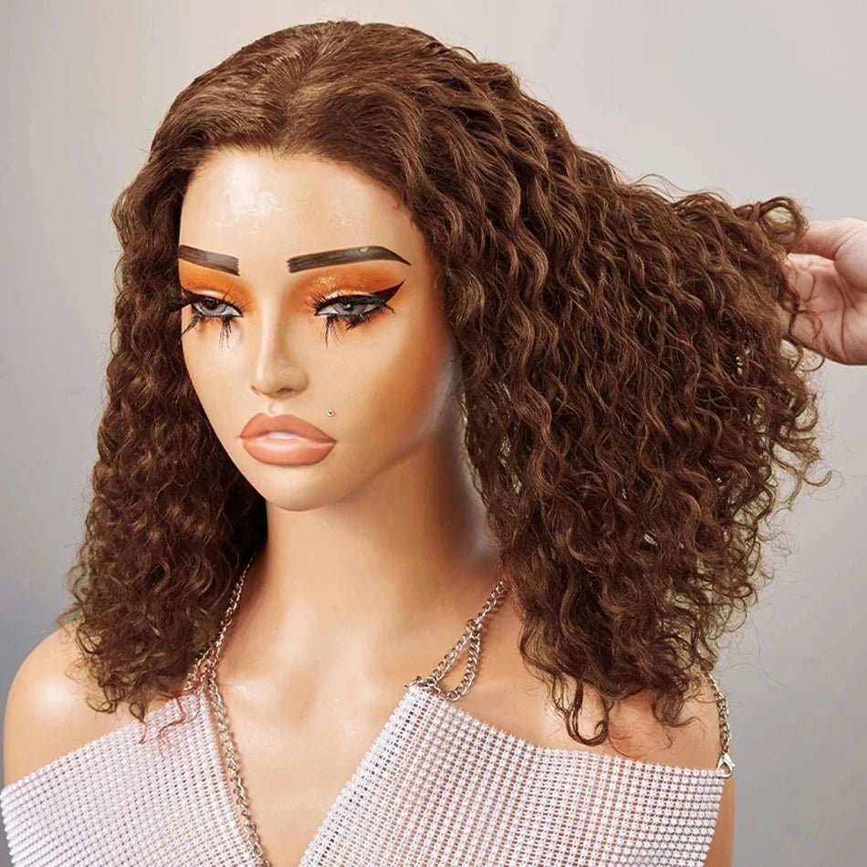 4# Chocolate Brown Short Bob Deep Wave 13x4 HD Transparent Pre-pluck Lace Front Wig Human Hair Brazilian Colored Brown Bob Wig