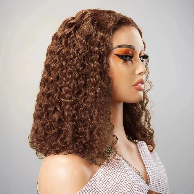 4# Chocolate Brown Short Bob Deep Wave 13x4 HD Transparent Pre-pluck Lace Front Wig Human Hair Brazilian Colored Brown Bob Wig