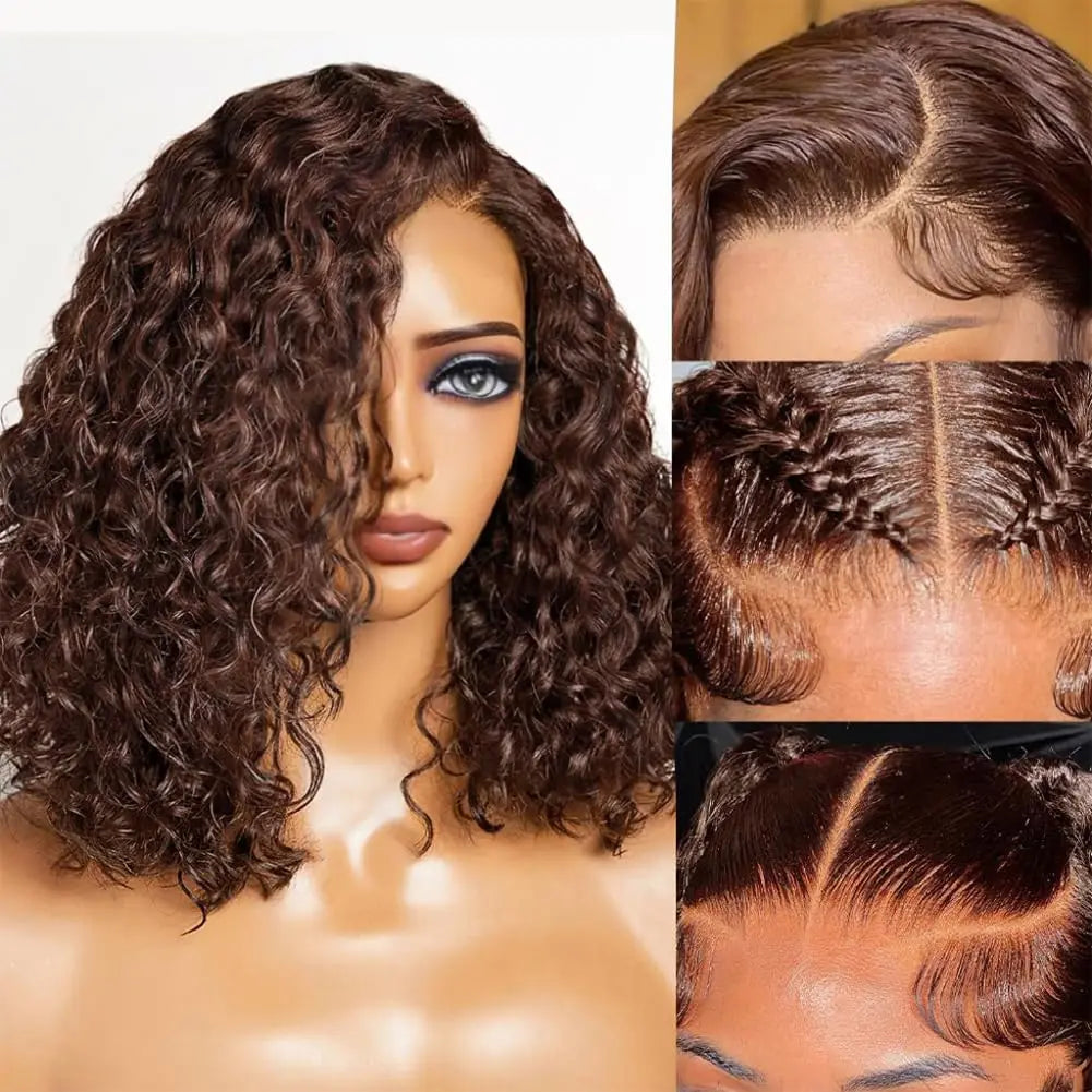 4# Chocolate Brown Short Bob Deep Wave 13x4 HD Transparent Pre-pluck Lace Front Wig Human Hair Brazilian Colored Brown Bob Wig
