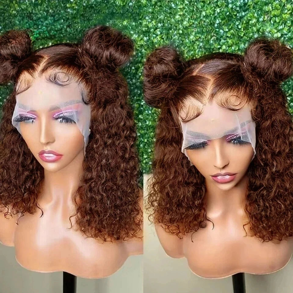 4# Chocolate Brown Short Bob Deep Wave 13x4 HD Transparent Pre-pluck Lace Front Wig Human Hair Brazilian Colored Brown Bob Wig