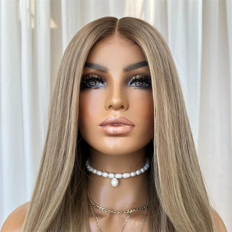 Long Straight 22Inch Ombre Ash Blonde Colored 13X4 Lace Front Wig Remy Brazilian Human Hair Glueless Preplucked Hairline Cosplay