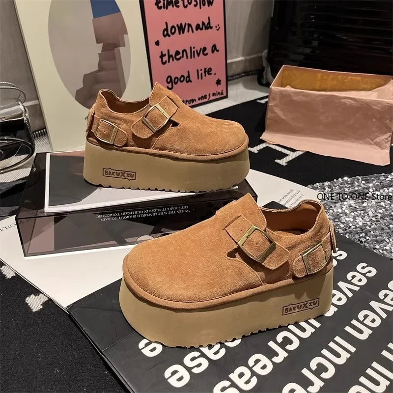 Sponge Cake Thick Sole Height Increasing Women's Boken Shoes 2025 New Autumn Single Shoes Ugly Cute Big Head Loafers Shoes