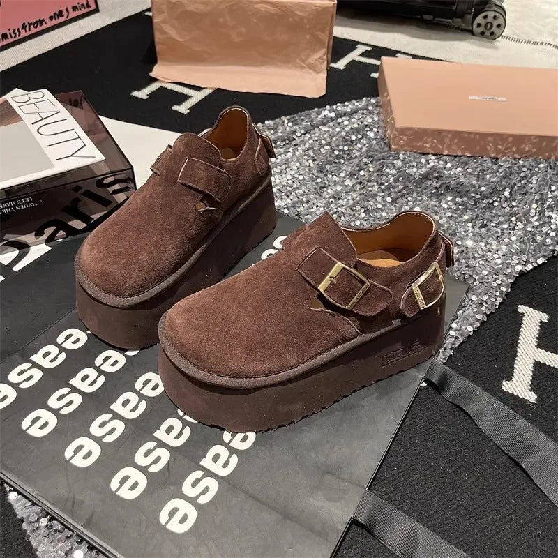 Sponge Cake Thick Sole Height Increasing Women's Boken Shoes 2025 New Autumn Single Shoes Ugly Cute Big Head Loafers Shoes