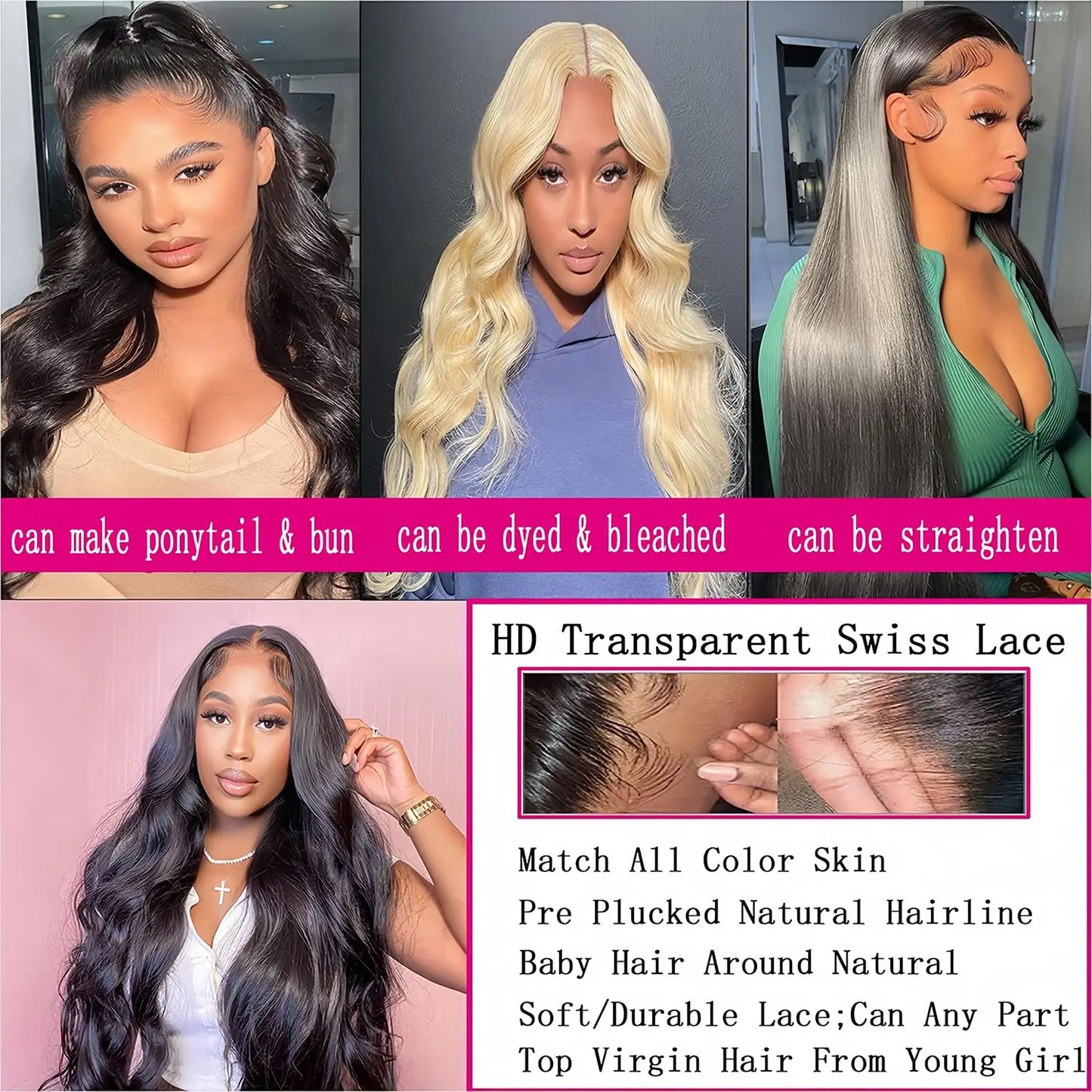 YIJIMEI  100%  Human Hair, 250% Density Glueless HD Transparent Lace Front Wigs   (16-32 Inch)  13x4 Body Wave Lace Front Wigs