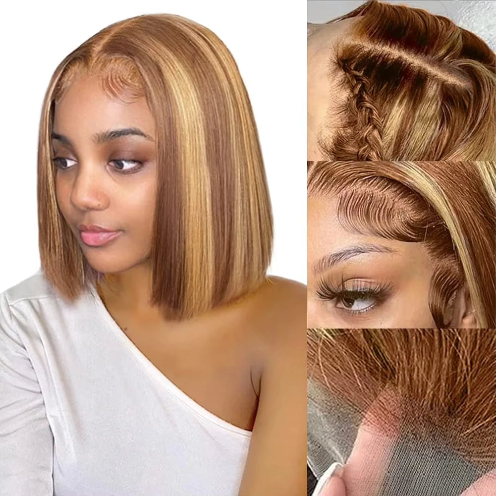 6x6 Straight Lace Closure Wigs Human Hair Transparent Glueless Wig Human Hair Ombre Highlight Bob Wig Human Hair For Women