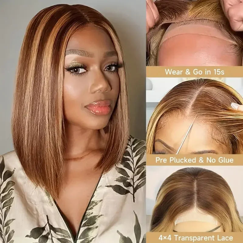 6x6 Straight Lace Closure Wigs Human Hair Transparent Glueless Wig Human Hair Ombre Highlight Bob Wig Human Hair For Women