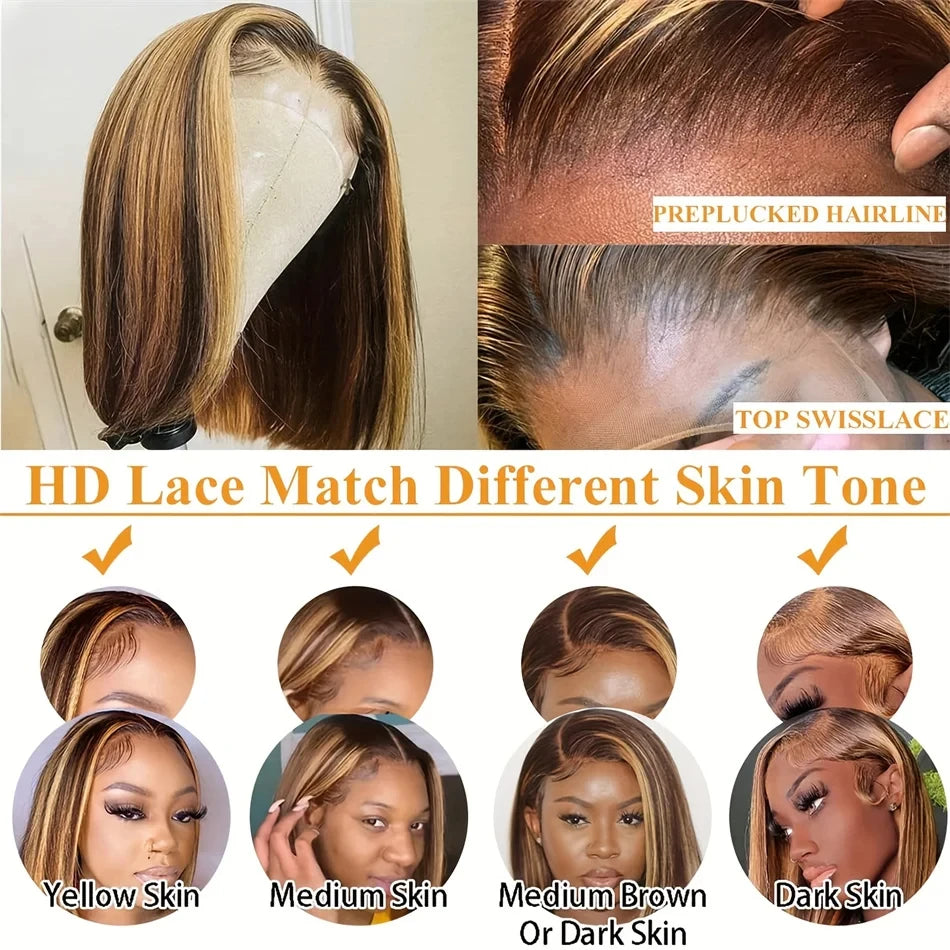 6x6 Straight Lace Closure Wigs Human Hair Transparent Glueless Wig Human Hair Ombre Highlight Bob Wig Human Hair For Women