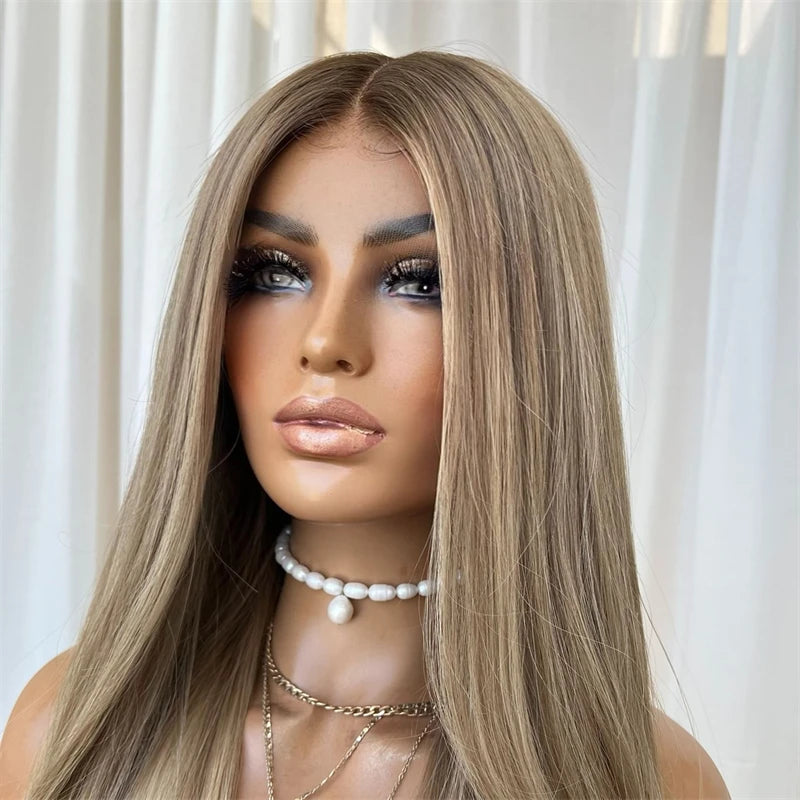 Long Straight 22Inch Ombre Ash Blonde Colored 13X4 Lace Front Wig Remy Brazilian Human Hair Glueless Preplucked Hairline Cosplay