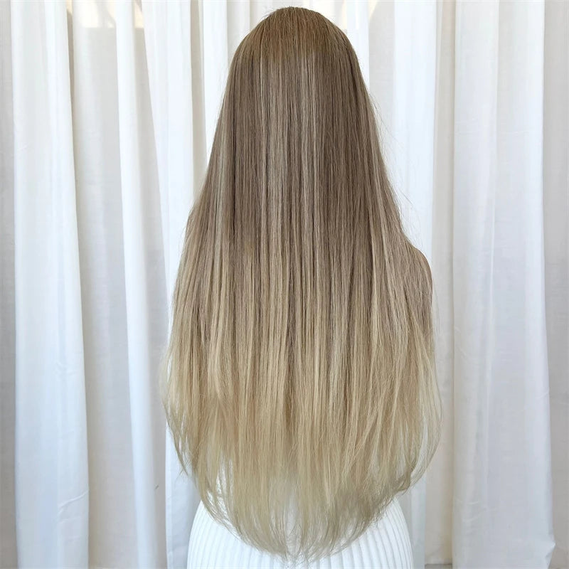 Long Straight 22Inch Ombre Ash Blonde Colored 13X4 Lace Front Wig Remy Brazilian Human Hair Glueless Preplucked Hairline Cosplay